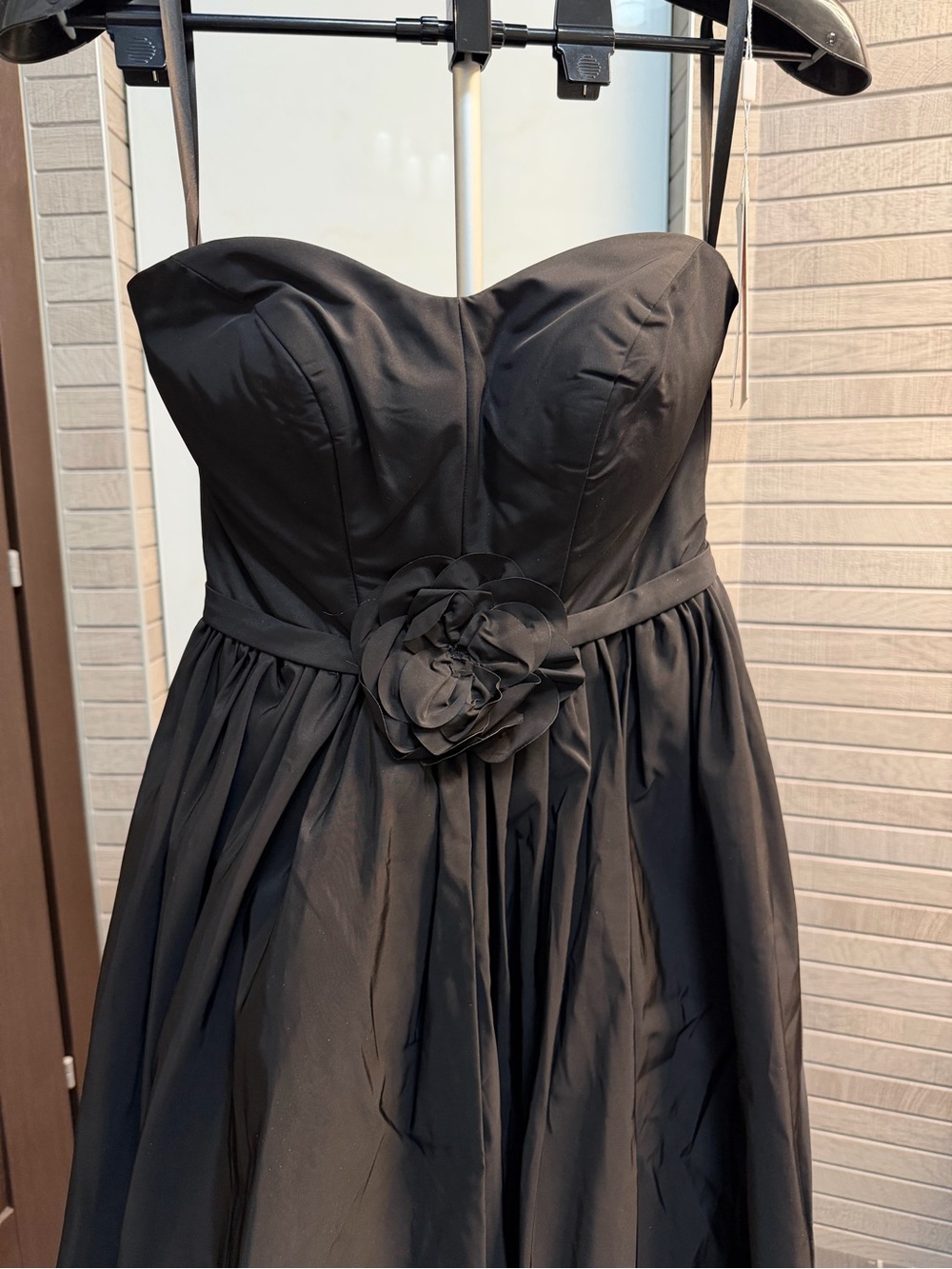 Strapless Black A-Line Evening Gown with Floral Waist - Picture 3 of 9